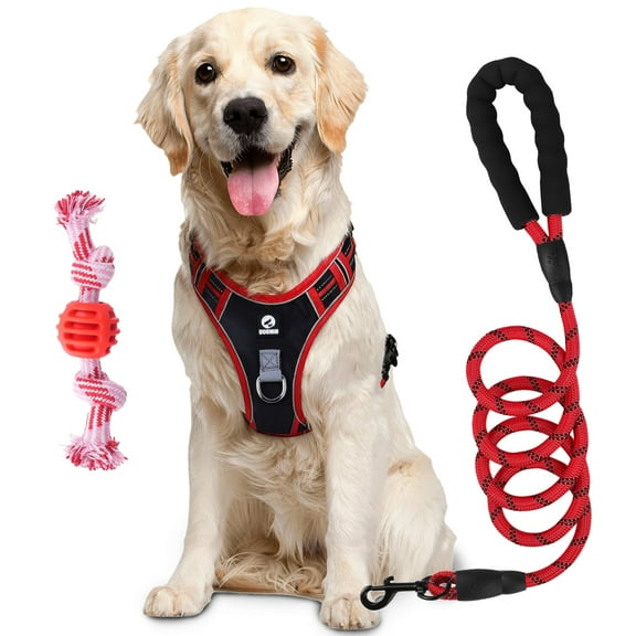 NOYAFA Dog Harness and Leash Set with Dog Rope Toy,Escape Proof No Pull Dog Vest Harness with Handle,Reflective Adjustable Soft Padded Pet Harness for Small to Large Dogs(Red,L)