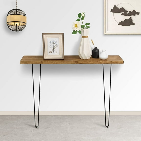 NOZE Console Sofa Table Wall-Mounted Side Table Wood Table for Entryway Living Room with Two Iron Feet, Rustic Brown