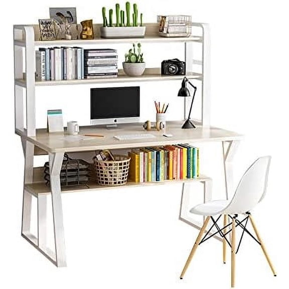 NP Home Office Desk with Shelves Hutch, 2022 Upgraded Computer Desk Spacious Desktop Upper Shelves, Metal Structure White Stylish Desk Study Work Writing (100 * 50CM(39.4 * 19.7 Inches))