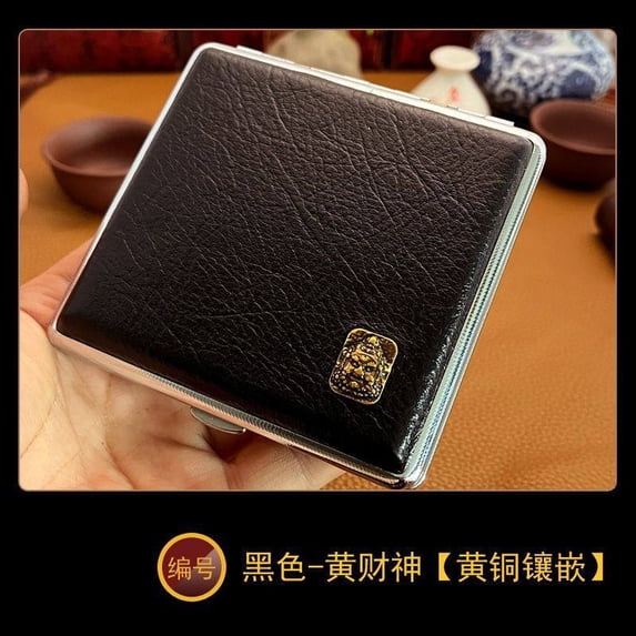 NP18 cowhide cigarette case thick cigarette side-turned ultra-thin cowhide hand-made first layer classic men's retro 20-pack gift,SKU00339-黑色 黄财神【黄铜镶嵌】