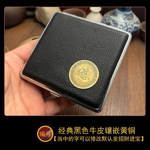 NP18 cowhide cigarette case thick cigarette side-turned ultra-thin cowhide hand-made first layer classic men's retro 20-pack gift,SKU00339-经典黑色牛皮镶嵌黄铜