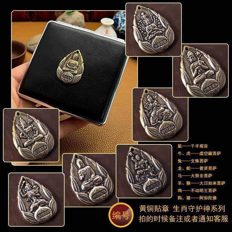 NP18 cowhide cigarette case thick cigarette side-turned ultra-thin cowhide hand-made first layer classic men's retro 20-pack gift,SKU00339-黑色 八大守护神
