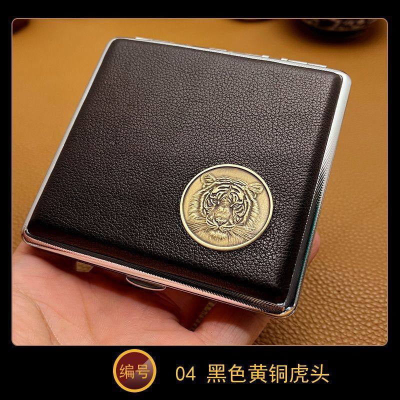 NP18 cowhide cigarette case thick cigarette side-turned ultra-thin cowhide hand-made first layer classic men's retro 20-pack gift,SKU00339-04黑色黄铜虎头