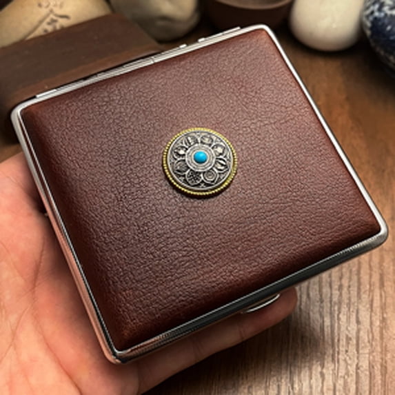 NP18 cowhide cigarette case thick cigarette side-turned ultra-thin cowhide hand-made first layer classic men's retro 20-pack gift,SKU00339-01深咖油蜡甩-克罗心