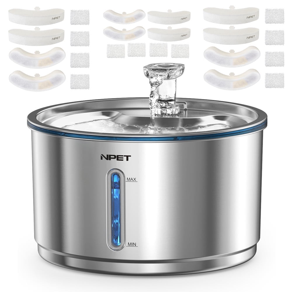 NPET 1 Gallon Stainless Steel Pet Water Fountain Quiet Filtered Cat Drinking Water Dispenser With 12 Replacement Filters