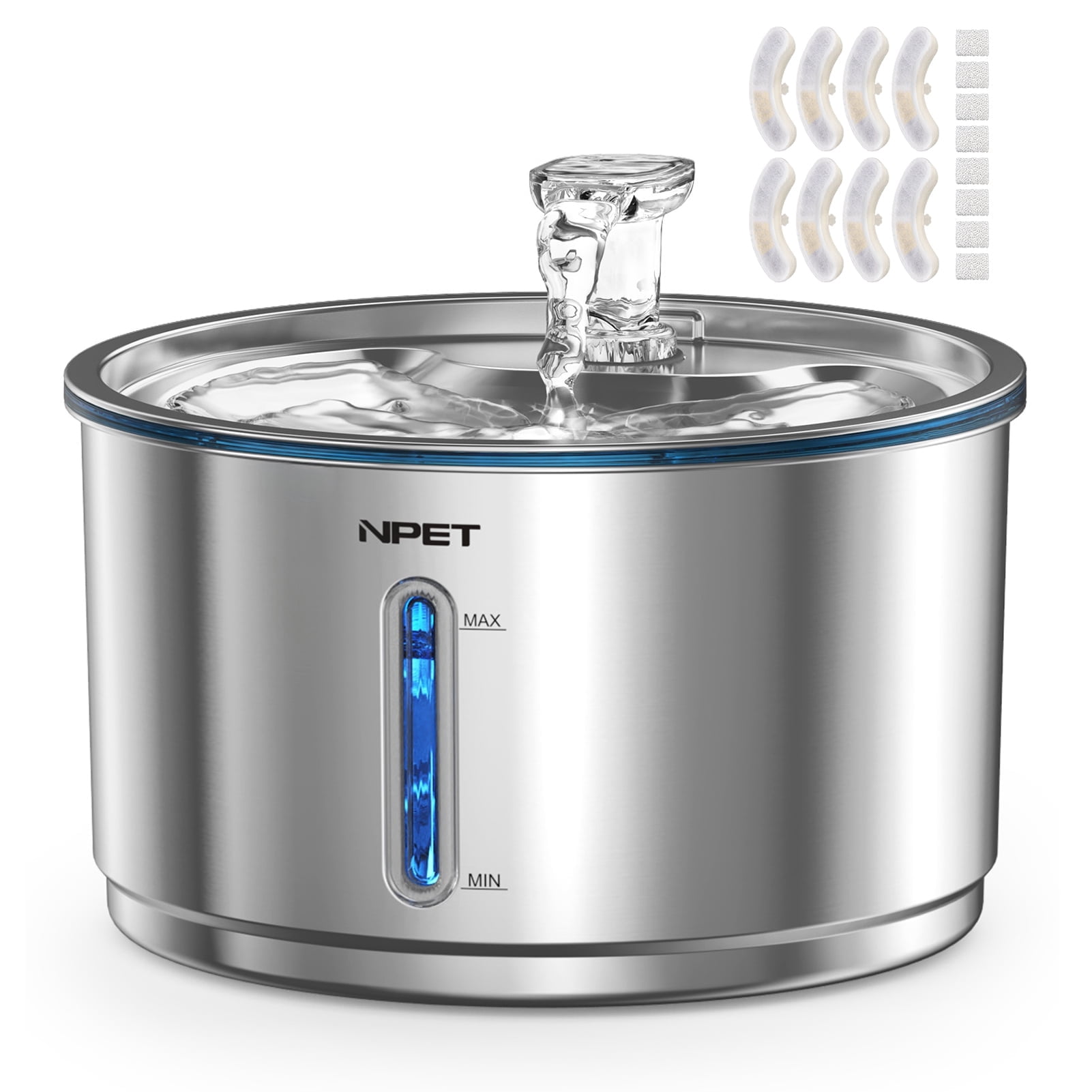 NPET 1 Gallon Stainless Steel Pet Water Fountain Quiet Filtered Cat Drinking Water Dispenser With 8 Replacement Filters