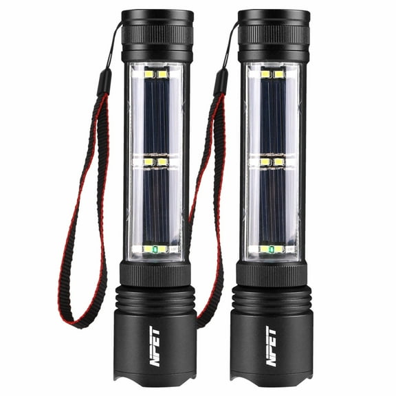 NPET 2 Pack Solar Power Flashlights USB Rechargeable Car Flashlight Tactical Multi-Function Torch (T08-2)