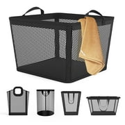 NPET Large Laundry Hamper Basket, Protable Plastic Clothes Bag with EVA Waterproof & Breathable Mesh Material, Storage Bins for Laundry, Bathroom, Bedroom and Dormitor（Square,Black,Small）