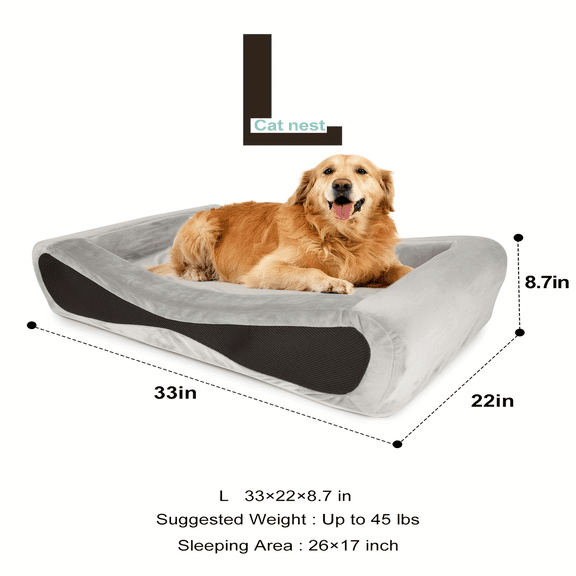 NPET Orthopedic Dog Bed - Memory Foam with Washable Removable Cover, Non-Slip Base, Ergonomic Support & Cooling Effect, 26"/33" Grey Pet Couch Sofa for Home