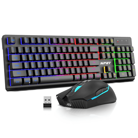 NPET S21PRO Wireless Gaming Keyboard and Mouse Combo, LED Backlit Rechargeable 3500mAh Battery, Mechanical Feel Anti-ghosting Keyboard + 7D 3200 Mice for PC Gamer(USB Receiver is Under The Mouse)