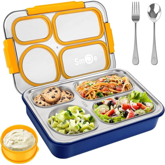 NPET Stainless Steel Bento Box Adult Lunch Box with 4 Compartments Lunchable Food Container with Fork and Spoon