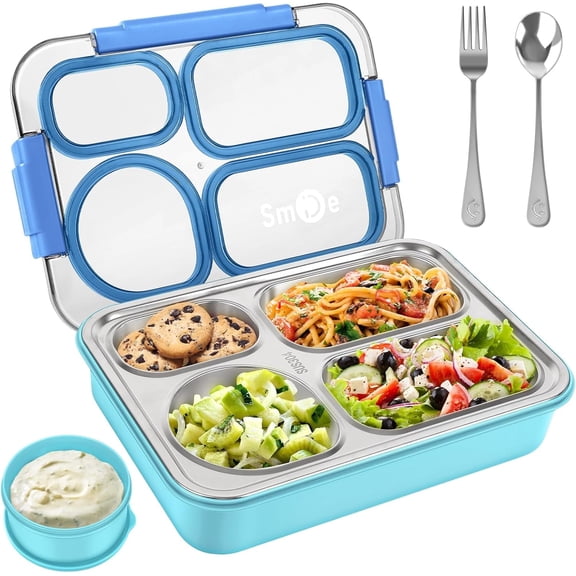NPET Stainless Steel Bento Box Adult Lunch Box with 4 Compartments Lunchable Food Container with Fork and Spoon