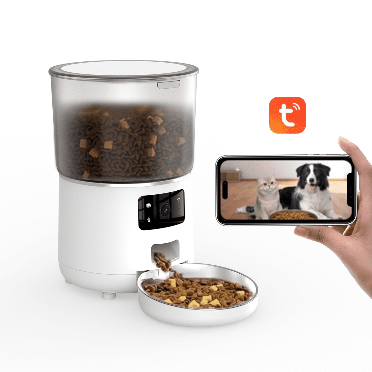 NPET TUYA APP Remote Control Automatic Cat Feeders with Camera, 135oz/4L Clog-Free Automatic Dog Feeder with Stainless Steel Bowl, Anti-bite Cable for Cats, Small & Medium Dogs(White)