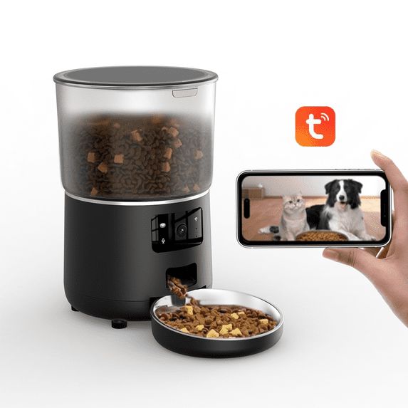 NPET TUYA APP Remote Control Automatic Cat Feeders with Camera, 135oz/4L Clog-Free Automatic Dog Feeder with Stainless Steel Bowl, Anti-bite Cable for Cats, Small & Medium Dogs(Black)