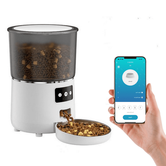 NPET WiFi Remote Control Automatic Cat Feeders, 135oz/4L Clog-Free Automatic Dog Feeder with Stainless Steel Bowl, Anti-bite Cable for Cats, Small & Medium Dogs(White)