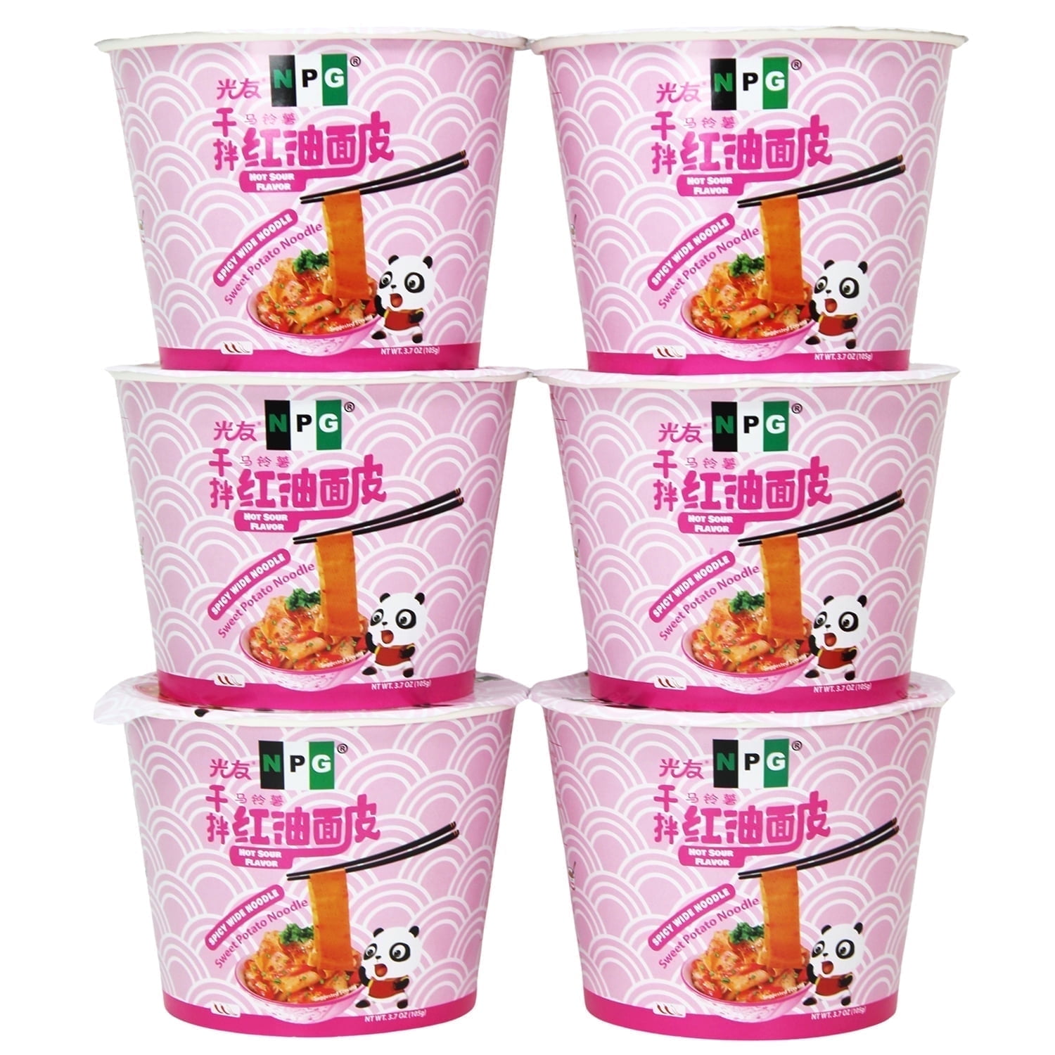NPG Chili Oil Wide Ramen 3.7 Oz (Pack of 6), Non-Fried Sweet Potato Noodles, Instant Spicy Cup Noodles, Hot and Sour Flavor, with Sichuan Peppercorn and Chili Oil Seasoning