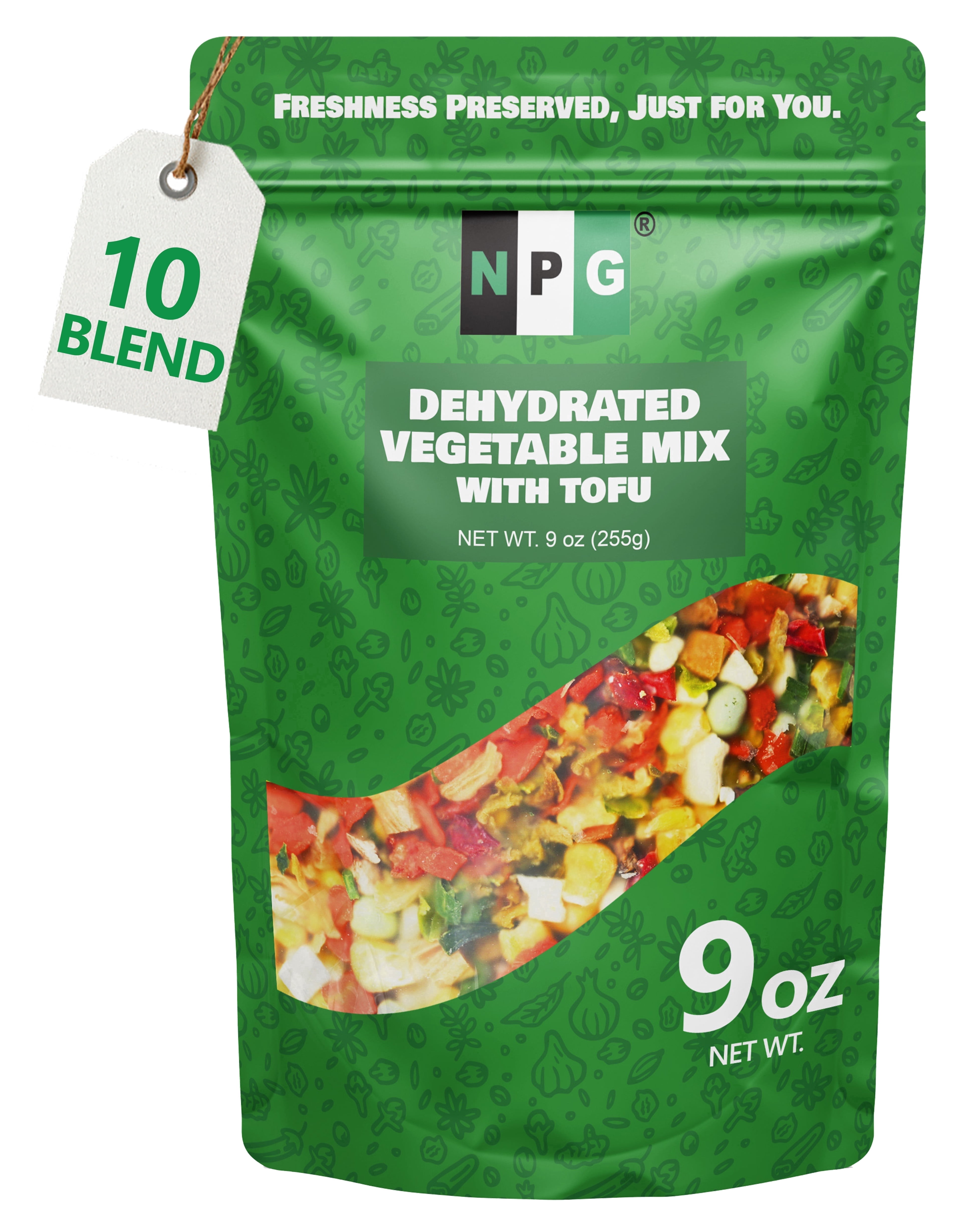 NPG Dehydrated Vegetable Mix with Tofu 9 Oz, No Added Salt Vegan Soup Add Ins & Ramen Toppings - Dried Veggies with Carrot, Shiitake Mushrooms, Green Onion, Corn, Tofu Skin, Tofu, Green Peas, Cabbage