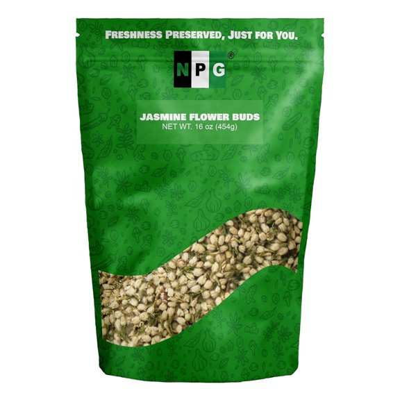 NPG Dried Jasmine Flowers Tea 16 oz, Whole Buds, Natural Aromatic Blossoms for Tea Blending, Relaxation, Potpourri, Crafting, Resealable Pack, Chemical-Free, Food Grade, Edible Bud, Caffeine-Free