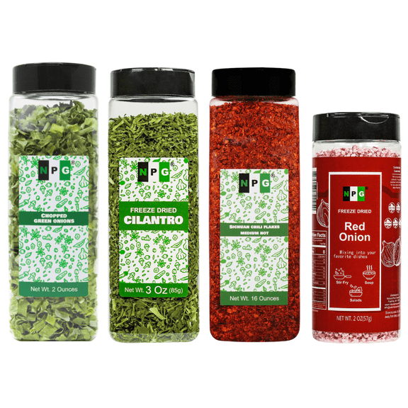 NPG Dried Spice Gift Set, Cilantro 3 oz, Green Onion 2 oz, Red Onions 2 oz, Chili Flakes 16 oz - All Natural Dried Herbs for Cooking, Soups, Salads & Garnish