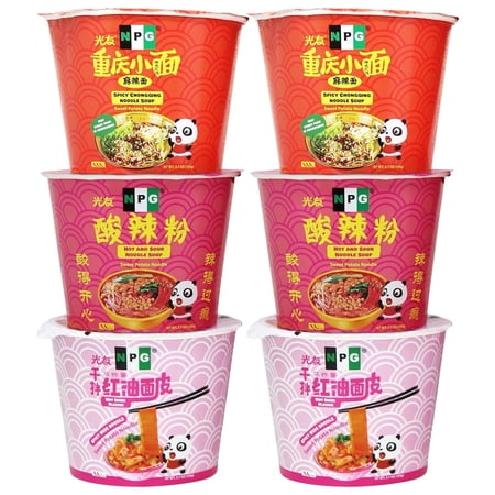 NPG Instant Ramen Noodle Variety Pack 3.7 oz (Pack of 6), Non-Fried Sweet Potato Noodle, Chili Oil, Hot and Sour, Spicy Chongqing Noodles