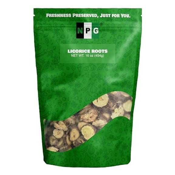 NPG Licorice Root Slices 16 Oz, Gan Cao Slice Root for Home Tea, Traditional Chinese Herbal Tea, Ingredient for Baking, Beverage Mix, Pure Liquorice Flavor, Resealable Bag for Freshness