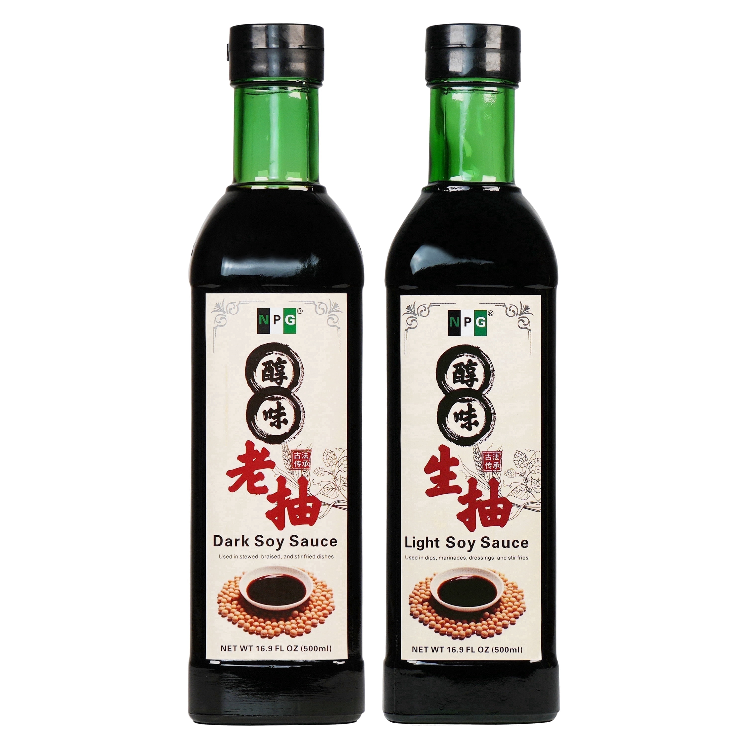 NPG Light & Dark Soy Sauce Set 16.9 fl oz (Pack of 2), Dipping Sauce for Dumplings, Fish, Noodles, Marinades, Stir Fry, Vegan