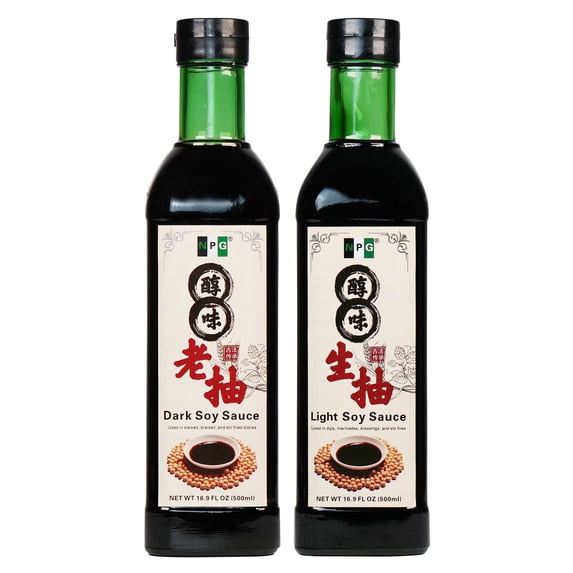 NPG Light and Dark Soy Sauce Set 16.9 FL Oz (Pack of 2), Soy Dipping Sauces for Fish, Dumpling, Noodles, and Marinade Meat, Condiment for Japanese Sushi, Sashimi, Asian Stir Fry, Vegan