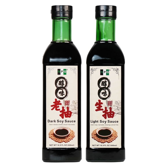 NPG Light and Dark Soy Sauce Set 16.9 FL Oz (Pack of 2), Soy Dipping Sauces for Fish, Dumpling, Noodles, and Marinade Meat, Condiment for Japanese Sushi, Sashimi, Asian Stir Fry, Vegan