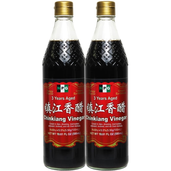 NPG Premium Authentic Chinkiang Vinegar 19.61 Fl Oz (Pack of 2), 3 Years Aged Zhenjiang Black Rice Vinegar, Naturally Brewed Chinese Black Vinegar For Dumplings, Xiao Long Bao, Sushi, Salad, Marinade