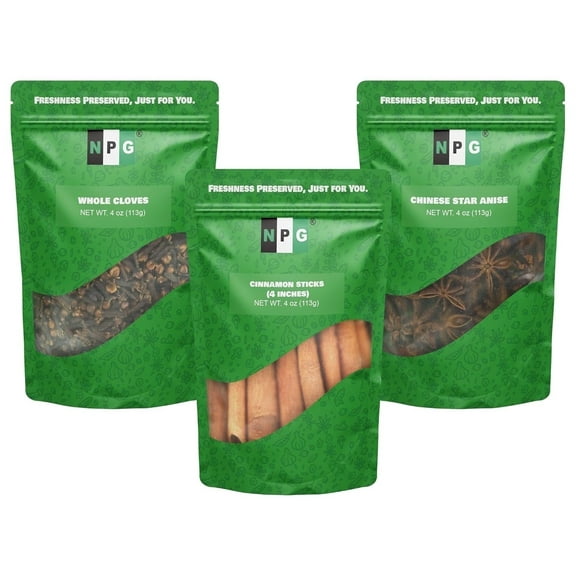 NPG Whole Cloves, Star Anise, and Cinnamon Sticks, 4 Oz Each (Pack of 3), All-Natural, No Preservatives, Perfect for Baking, Cooking, and Crafting, Essential Kitchen Refill