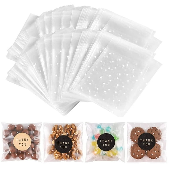 NPLUX 200PACK Self Sealing Cellophane Bags Cookie Bags for Gift Giving Clear Treat Bags with Stickers(White Polka Dot,4X4INCH) C8