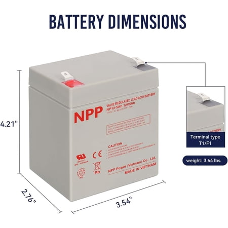 NPP 12V5AH Rechargeable 12V5AH SLA Battery for Alarm, Access Control and Trailer Breakaway Kits