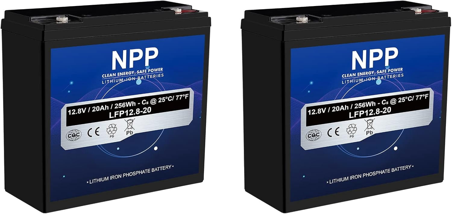 NPP Lithium 12.8V 20Ah (2Pcs) LiFePO4 Deep Cycle Battery, Lithium Iron Phosphate Battery Built-in 20A BMS with 4500-8000 Cycles Times for RV, Solar, Off-Grid, Home Storage