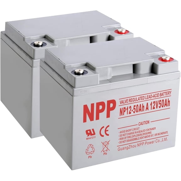 NPP NP12-50Ah (T14, 2 Pcs) 12V 50Ah 12 Volt Rechargeable SLA Sealed Lead Acid Battery for Scooter Wheelchair with Button Style Terminals