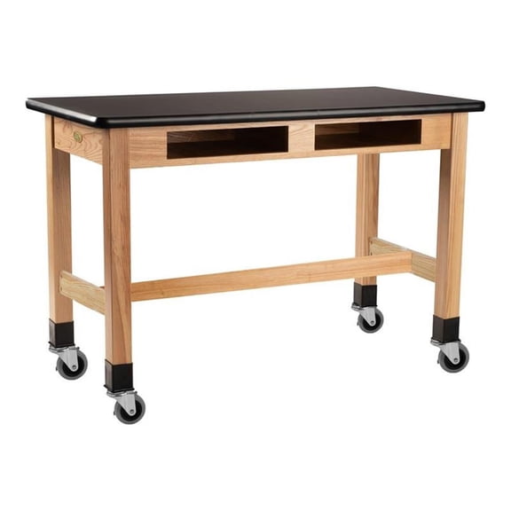 NPS 48" Modern Solid Ash Wood Science Lab Table with Book Compartments in Black