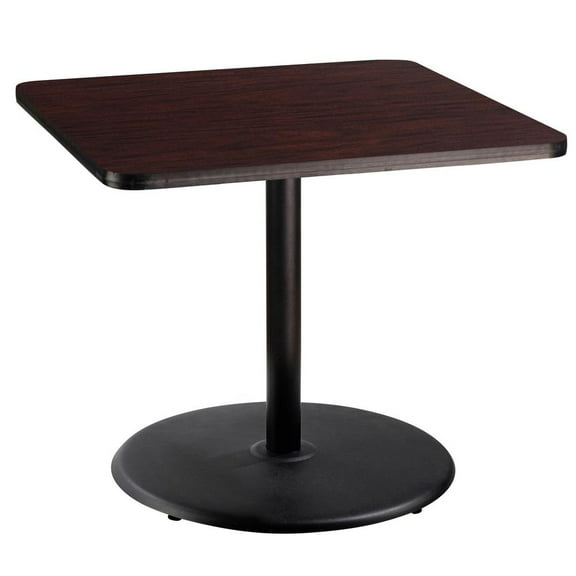 NPS Cafe Table 36" SQ Round Base 30"H Particleboard Black Frame Mahogany Top