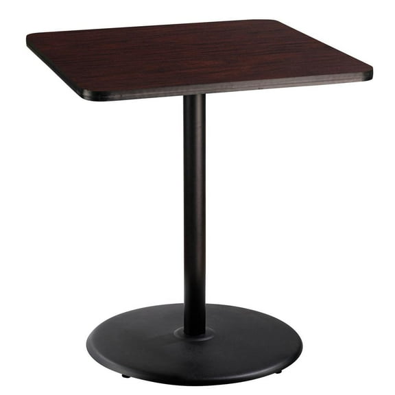 36" Square Cafe Table With Round Base, 42" Height, Particleboard Core T-Mold, Mahogany Top, Black Frame