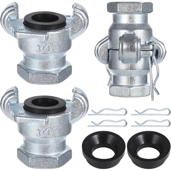 NPT Iron Air Hose Fittings, 2 Sets 3/4 Inch Female End Chicago Fitting, Universal Hose Coupling, Air Hose Fitting Set with Safety Clips & Spare Rubber Gaskets, Carbon Steel Leakproof Air Hose Coupler