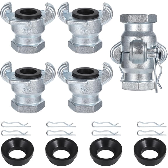 NPT Iron Air Hose Fittings, 4 Sets 3/4 Inch Female End Chicago Fitting, Universal Hose Coupling, Air Hose Fitting Set with Safety Clips & Spare Rubber Gaskets, Carbon Steel Leakproof Air Hose Coupler