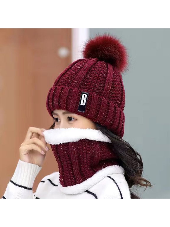 Women Warm Knitting Beanie Hat and Neck Scarf Set, Wine Red