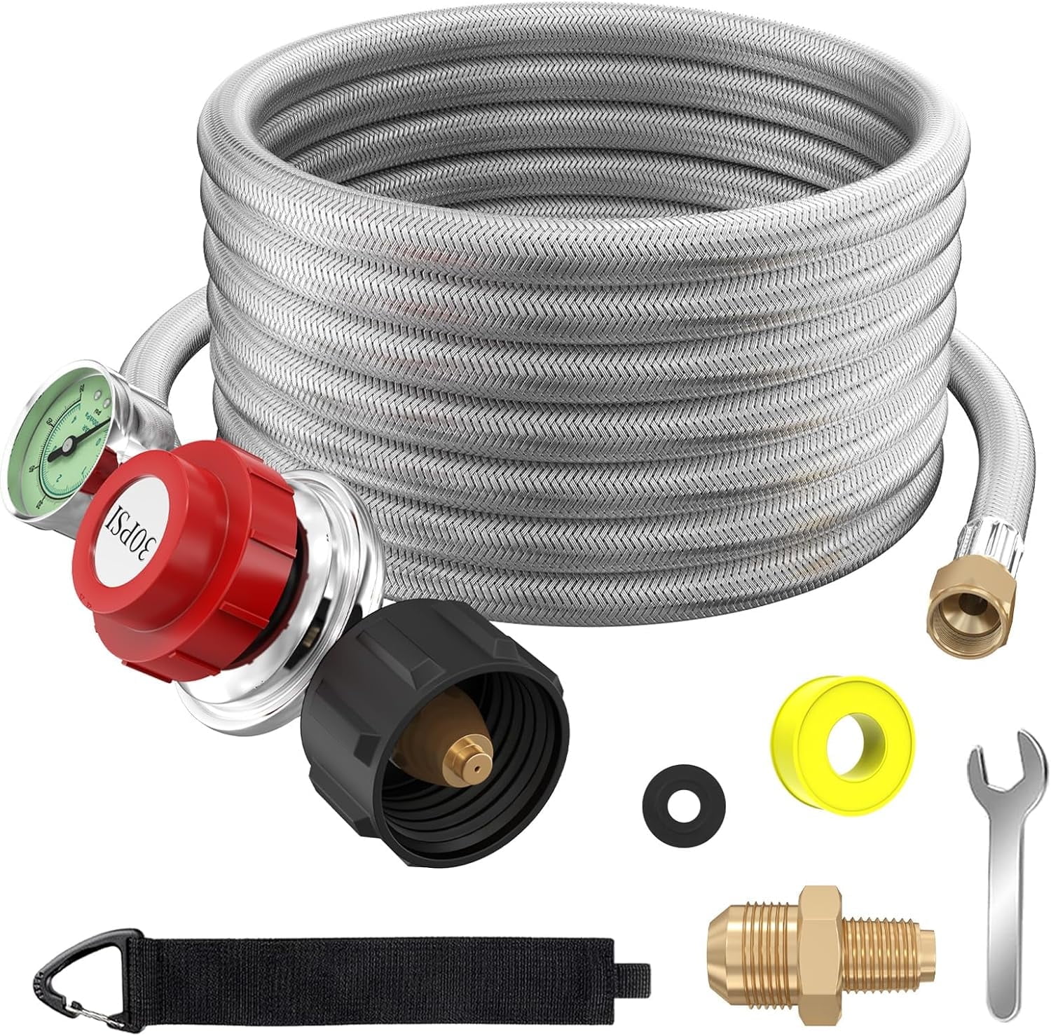 Upgraded 12 FT 0-30 PSI High Pressure Adjustable Propane Regulator with Gauge 0~60PSI Gas Flow Indicator, QCC1 x 3/8" Female Flare Fitting with 3/8 Flare x 1/8 MNPT, Stainless Braided Propane Hose
