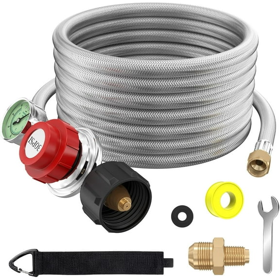 Upgraded 12 FT 0-30 PSI High Pressure Adjustable Propane Regulator with Gauge 0~60PSI Gas Flow Indicator, QCC1 x 3/8" Female Flare Fitting with 3/8 Flare x 1/8 MNPT, Stainless Braided Propane Hose