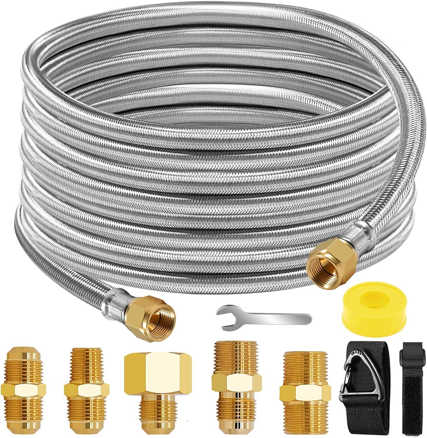24Ft High Pressure Braided Propane Hose Extension and Fittings with Conversion Coupling 3/8" Flare to 1/2" Female NPT, 1/4" Male NPT, 3/8" Male NPT, 3/8" Male Flare for BBQ Grill, Fire Pit, Heater
