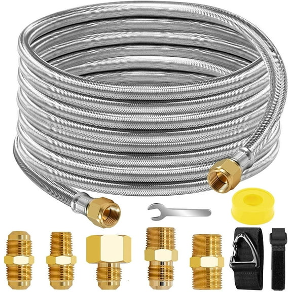 24Ft High Pressure Braided Propane Hose Extension and Fittings with Conversion Coupling 3/8" Flare to 1/2" Female NPT, 1/4" Male NPT, 3/8" Male NPT, 3/8" Male Flare for BBQ Grill, Fire Pit, Heater