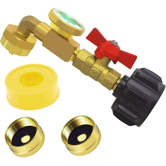 QCC1 Propane Refill Elbow Adapter with Propane Tank Gauge 90 Degree Propane Refill Pressure Adapter with ON/Off Control Valve for Camping Grill 1LB Bottle Refilled Gas from 5~40 LBS Cylinder