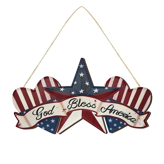 NQyIOS 4th of July Wreaths,Wreath for Front Door, God Bless America Flag Wooden Decor Door Sign Wreath 12 Inch,Welcome Pentacle Heart Irregular Welcome Door Sign Decorations,Welcome Door Sign