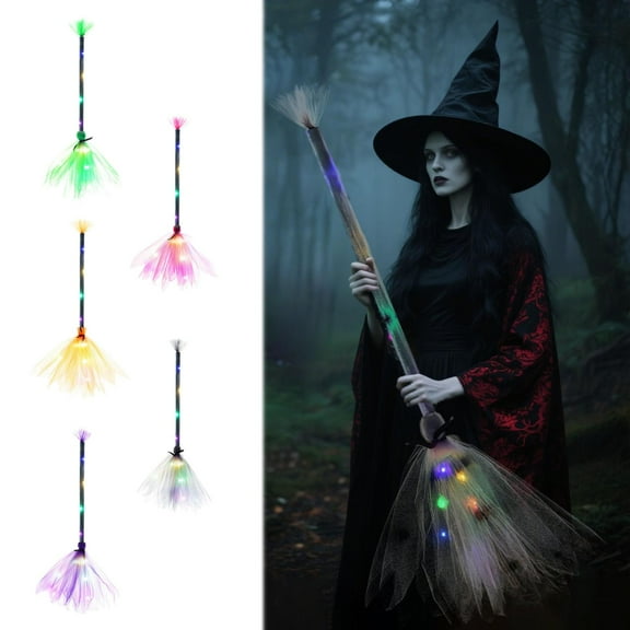 NQyIOS Lighted Witch Broom with LED Lights - Witches Broomstick Prop for Halloween Party & Decoration, 5 Pcs