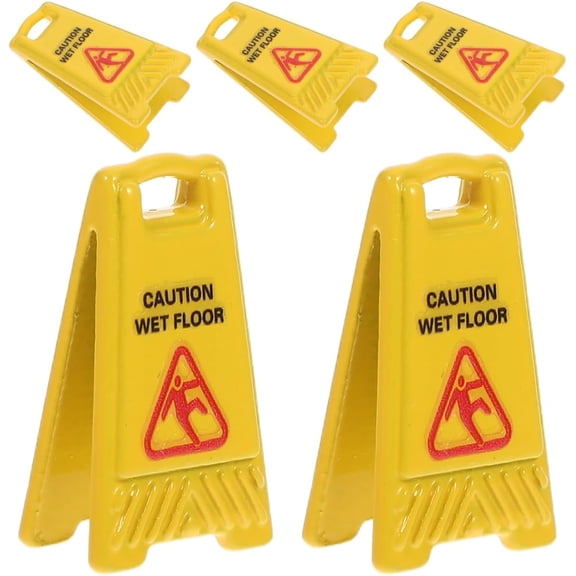 NQyIOS 5Pcs Miniature Dollhouse Wet Floor Warning Signs Realistic Caution Safety Decorations for Role Play Education Enhance Interior Design Safety Awareness