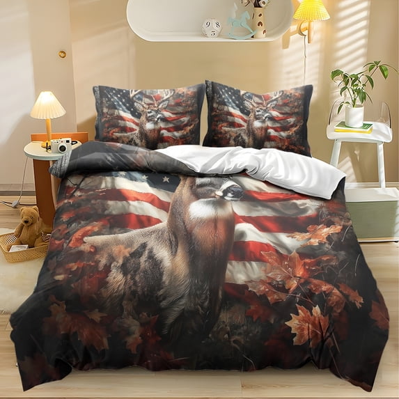 NRBEAWD American Flag Deer Print Comfortable Duvet Cover Set with All ...
