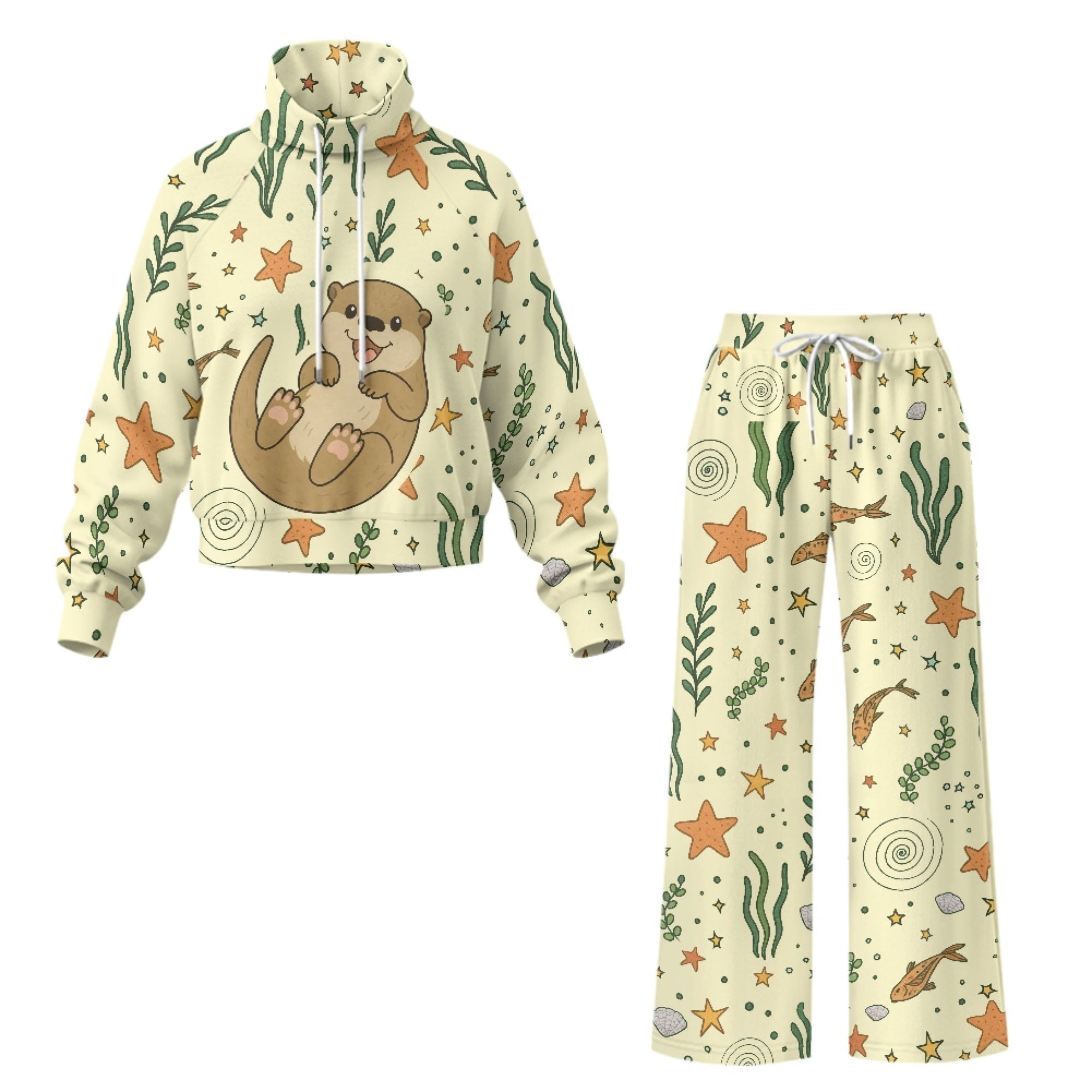 Traksuit Pattern NRBEAWD Cartoon Otter Pattern Women's 2 Piece Lounge Set, Wide Leg ...